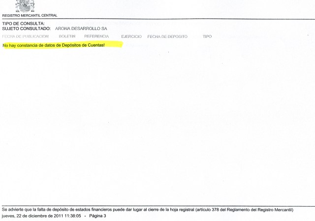 Certificado del Registro Mercantil sobre ADESA expedido la semana pasada (22 diciembre 2011).