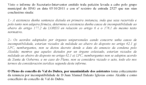 Informe secretario Val du Dubra incompatibilidad alcalde (octubre 2011)