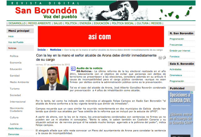 La Ley obliga a dimitir alcalde de Arona, Felipe Campos (San Borondón)