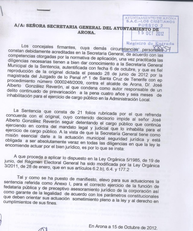 Escrito PP, PSOE y CxA solicitando informe de incompatibilidad