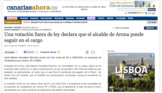 Pleno apoya alcalde ilegal Arona, Canarias Ahora