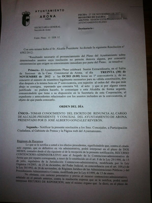 Convocatoria pleno cese alcalde inhabilitado Arona