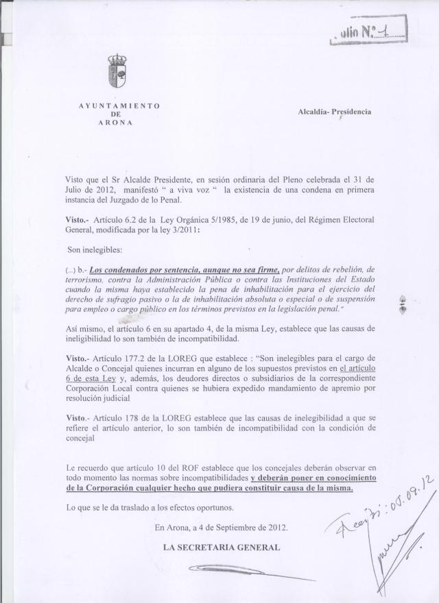 Requerimiento de condena al alcalde de Arona, 1