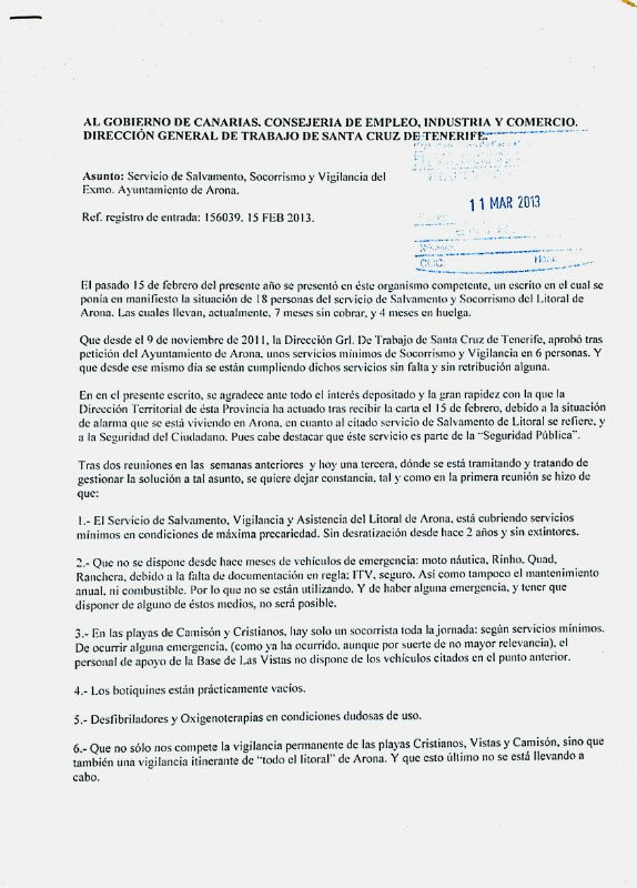 Denuncia precariedad Servicio Socorrismo Arona ante Inspección de trabajo