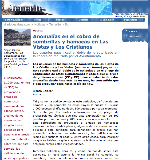 Escándalo hamacas en Los Cristianos y Las Vistas, 2001 (Diario de Avisos)