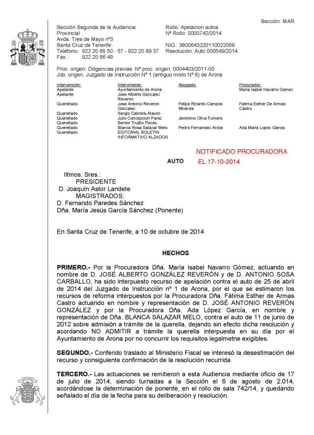 Auto Archivo querella y condena en costas por temeridad, Arona (1)