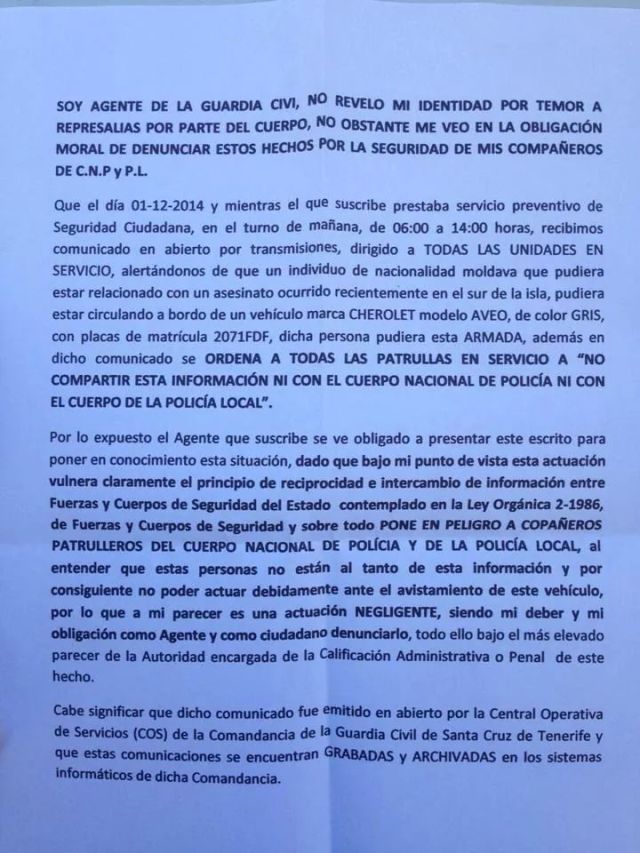 Denuncia_Prohibicion_Mando_Guardia_Civil_compartir_informacion_CNP_y_policia_local (diciembre 2014)